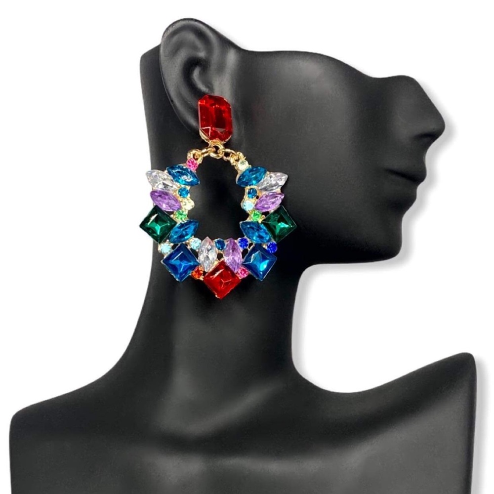 New Red Blue Colorful Rhinestone Post Statement Earring - Picture 5 of 6